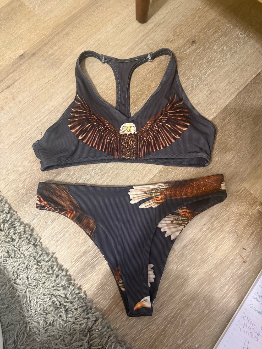 Women’s Dark Gray Eagle Print Bikini Set large